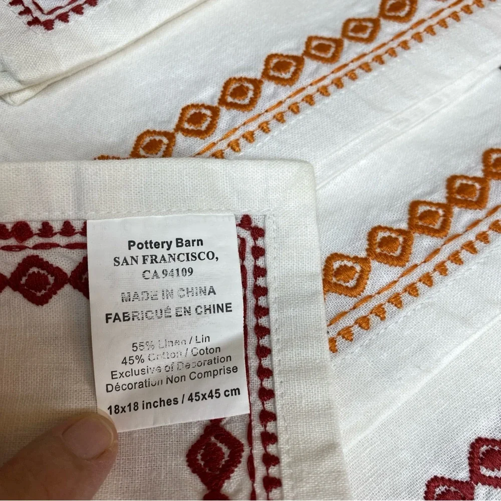 Vintage Pottery Barn (4) Linen Cotton Napkins White Embroidered Border 18x18